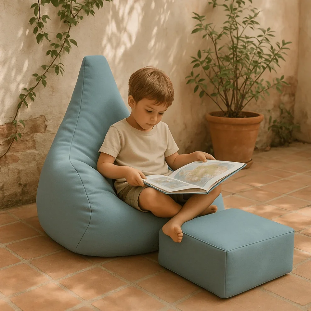 MeowBaby® Fotoliu tip puf Premium MeowBaby Tearo Outzy Cloudberry Sky Blue Sako bag cu suport pentru picioare