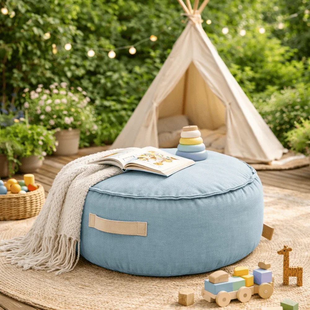 MeowBaby® Fotoliu tip puf rotund Premium MeowBaby Outzy Cloudberry Sky Blue Bean bag
