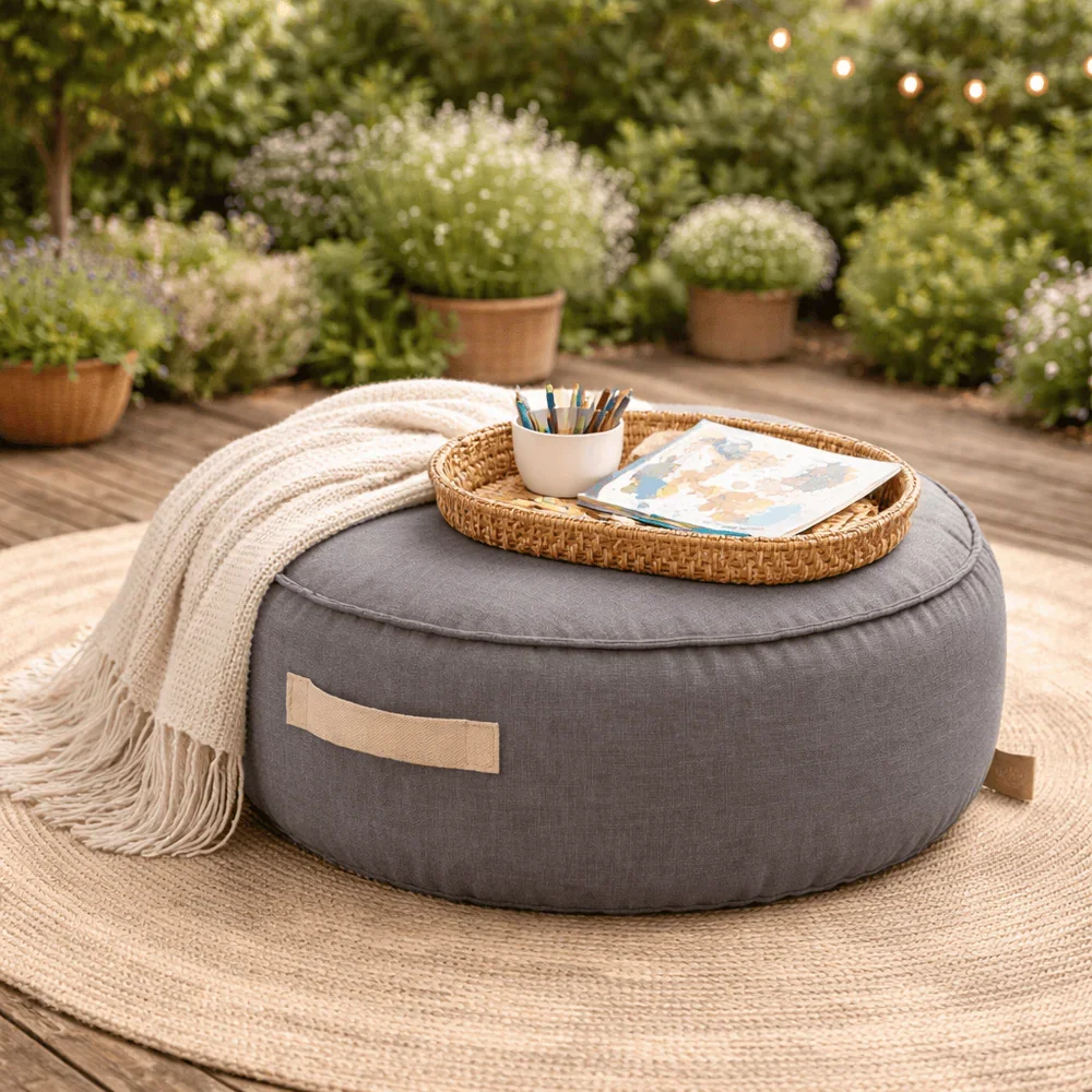 MeowBaby® Fotoliu tip puf rotund Premium MeowBaby Outzy Drift Dlay Taupe Bean bag