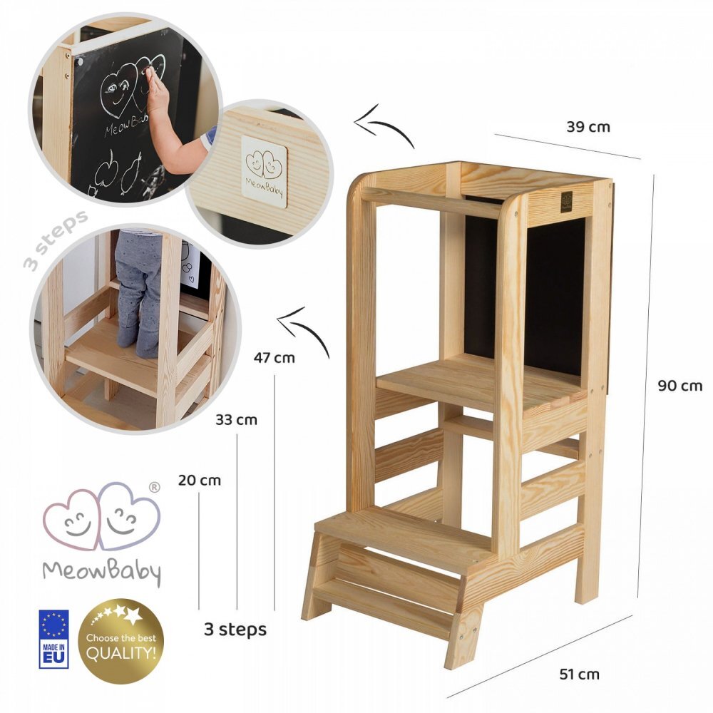 MeowBaby® Inaltator multifunctional ajutor de bucatarie cu tabla de scris MeowBaby lemn natural