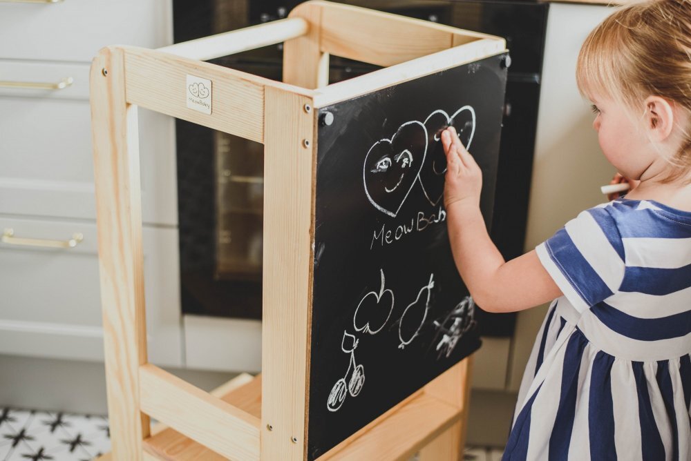 MeowBaby® Inaltator multifunctional ajutor de bucatarie cu tabla de scris MeowBaby lemn natural