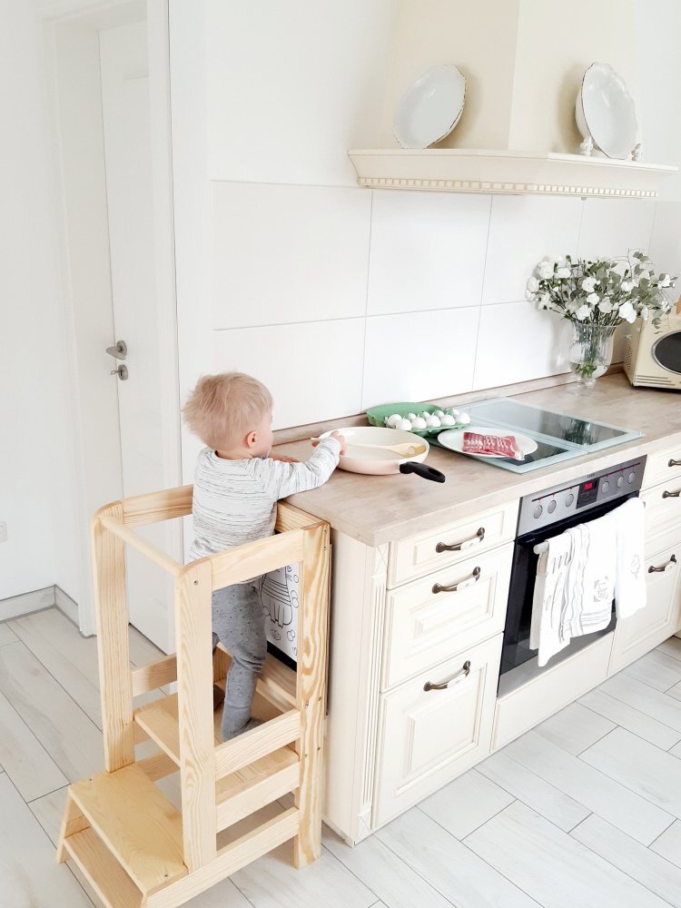 MeowBaby® Inaltator multifunctional ajutor de bucatarie cu tabla de scris MeowBaby lemn natural
