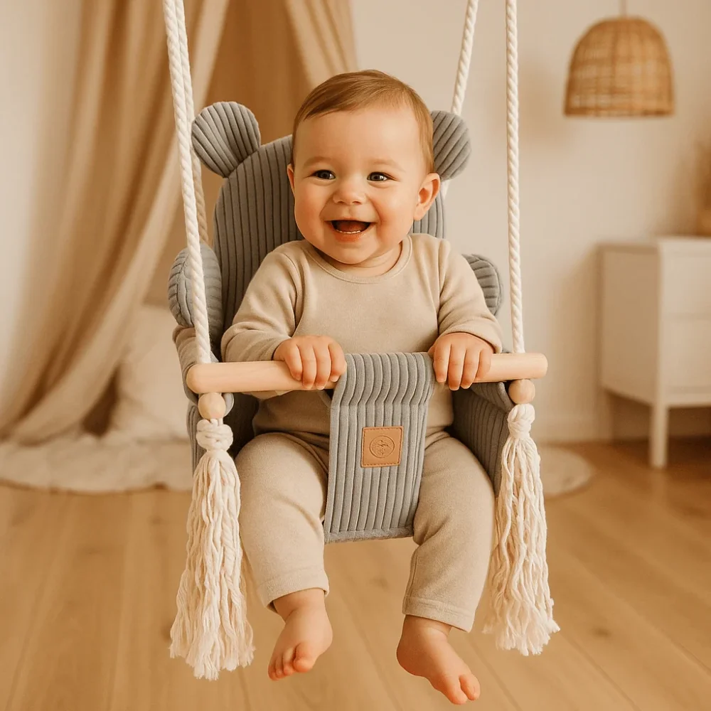 MeowBaby® Leagan pentru copii si bebelusi MeowBaby catifea reiata perna ursulet Aesthetic Grey