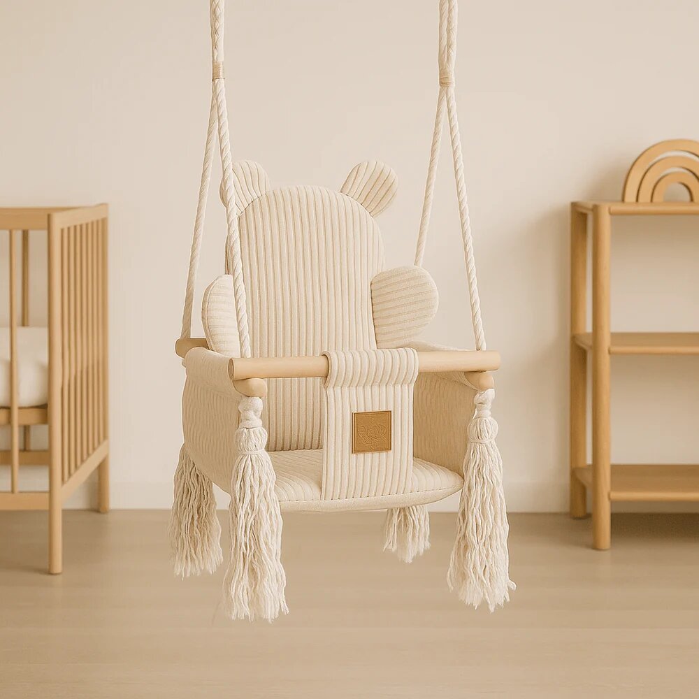 MeowBaby® Leagan pentru copii si bebelusi MeowBaby catifea reiata perna ursulet Aesthetic ocru