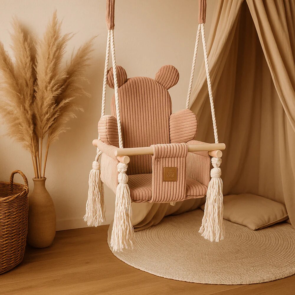 MeowBaby® Leagan pentru copii si bebelusi MeowBaby catifea reiata perna ursulet Aesthetic ocru