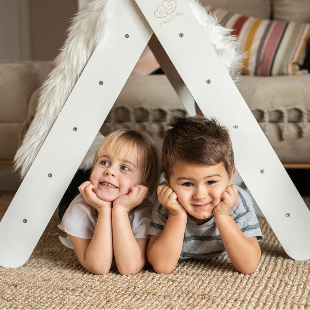 MeowBaby® Scara din lemn pentru copii triunghi de catarare tip Pikler Montessori alb MeowBaby