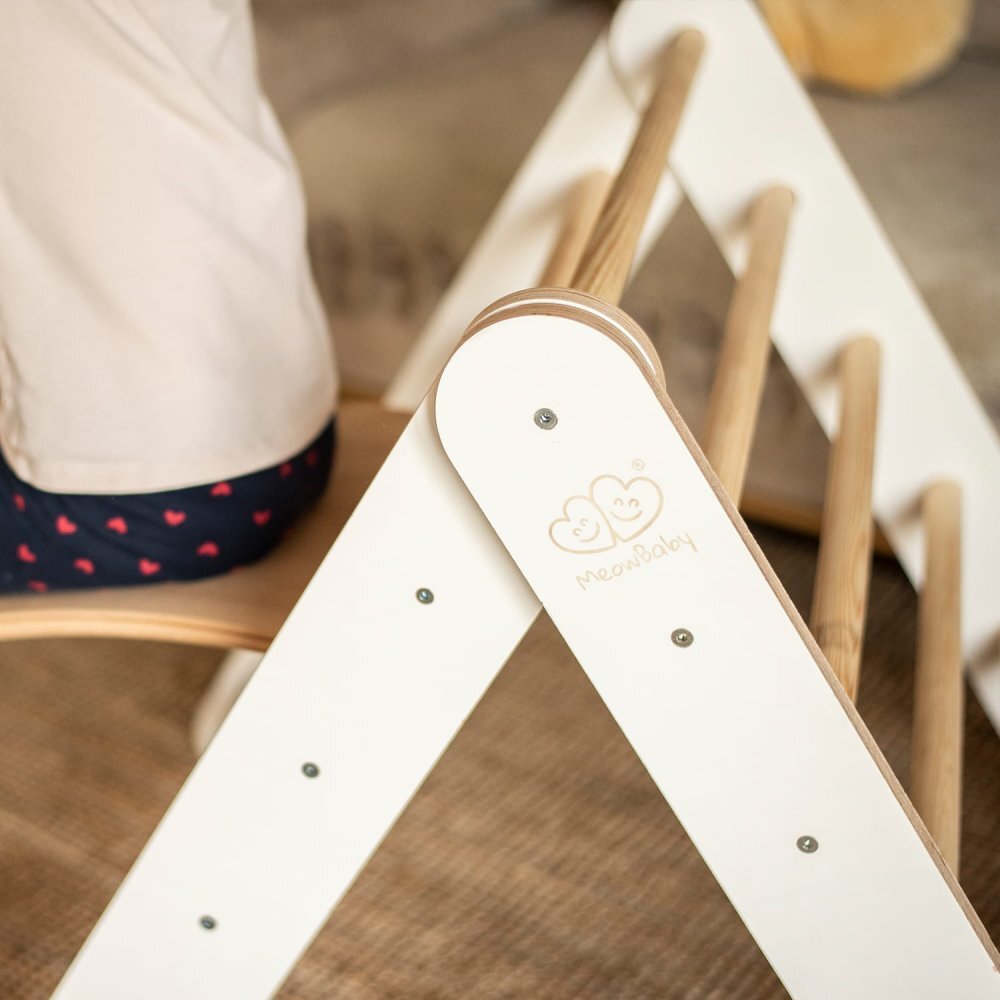 MeowBaby® Scara din lemn pentru copii triunghi de catarare tip Pikler Montessori alb MeowBaby