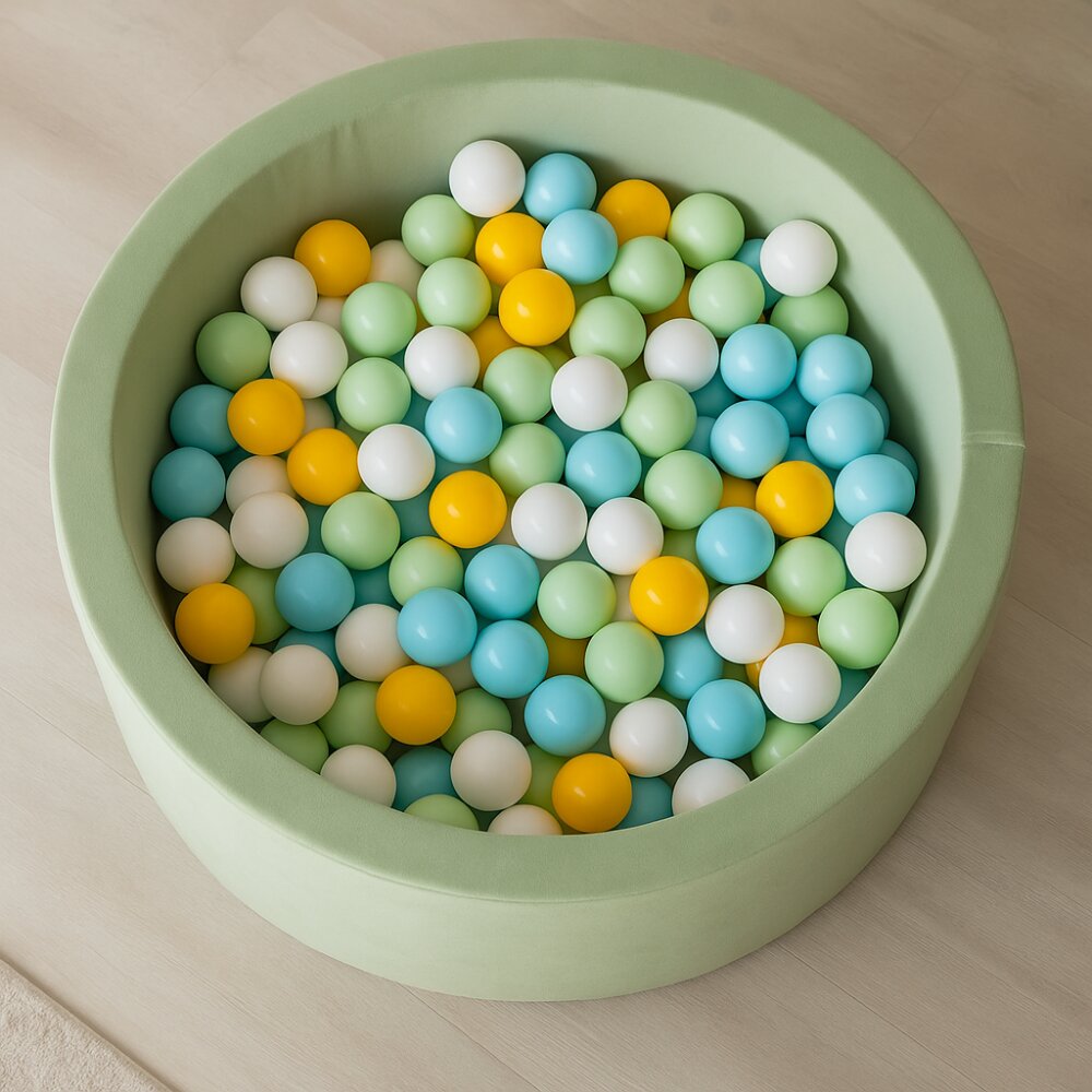 MeowBaby® Set 200 bile din plastic 7 cm MeowBaby pentru centru de joaca verde deschis baby blue alb si galben