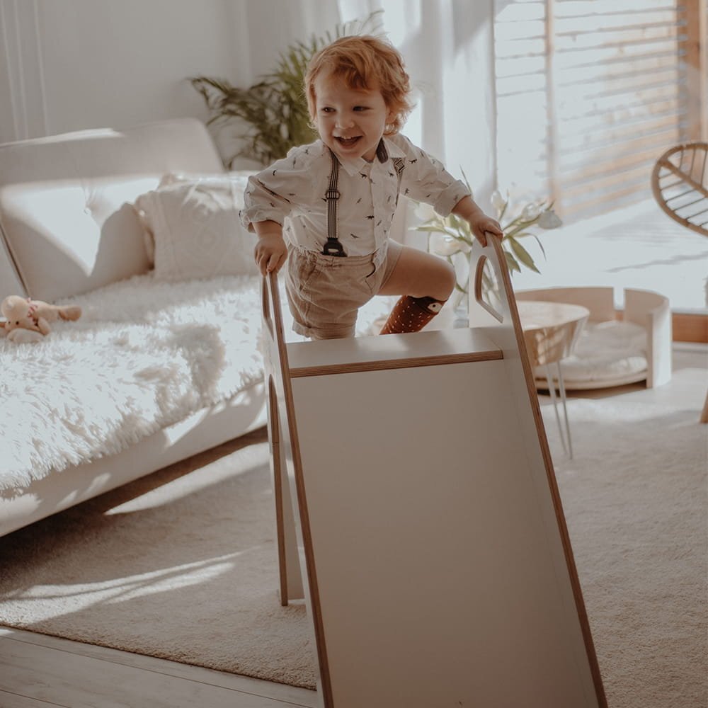 MeowBaby® Tobogan din lemn pentru copii triunghi de catarare tip Pikler Montessori alb MeowBaby