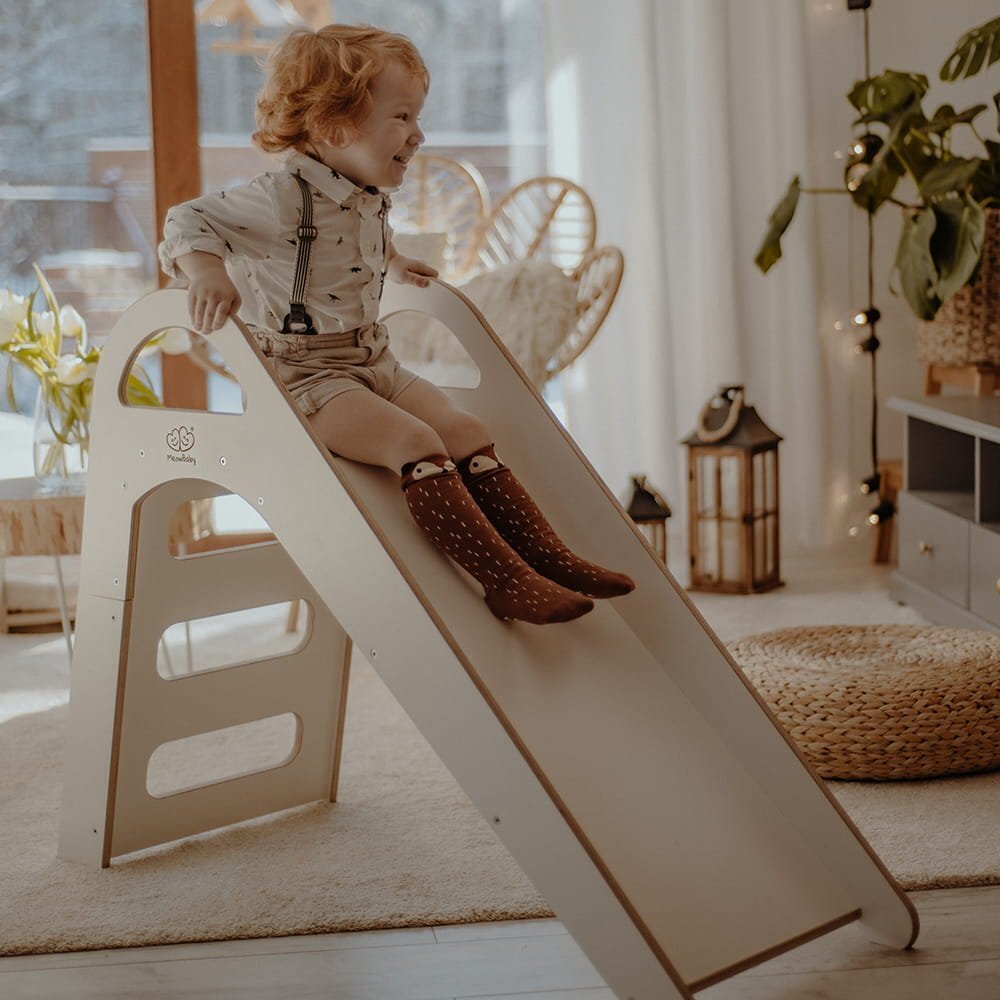 MeowBaby® Tobogan din lemn pentru copii triunghi de catarare tip Pikler Montessori alb MeowBaby