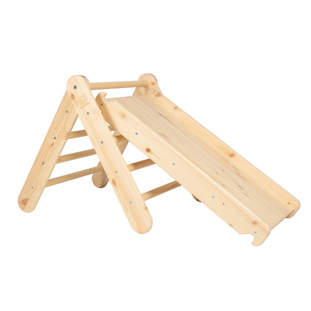 MeowBaby® Tobogan si perete de catarare Meowbaby 2 in 1 din lemn natural