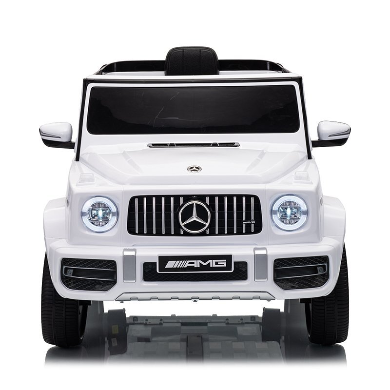 MERCEDES-BENZ Masinuta electrica pentru copii cu licenta G63 Alb telecomanda 2.4G scaun din piele lumini LED oglinzi retrovizoare muzica usi inalte cu deschidere suspensii centura de siguranta