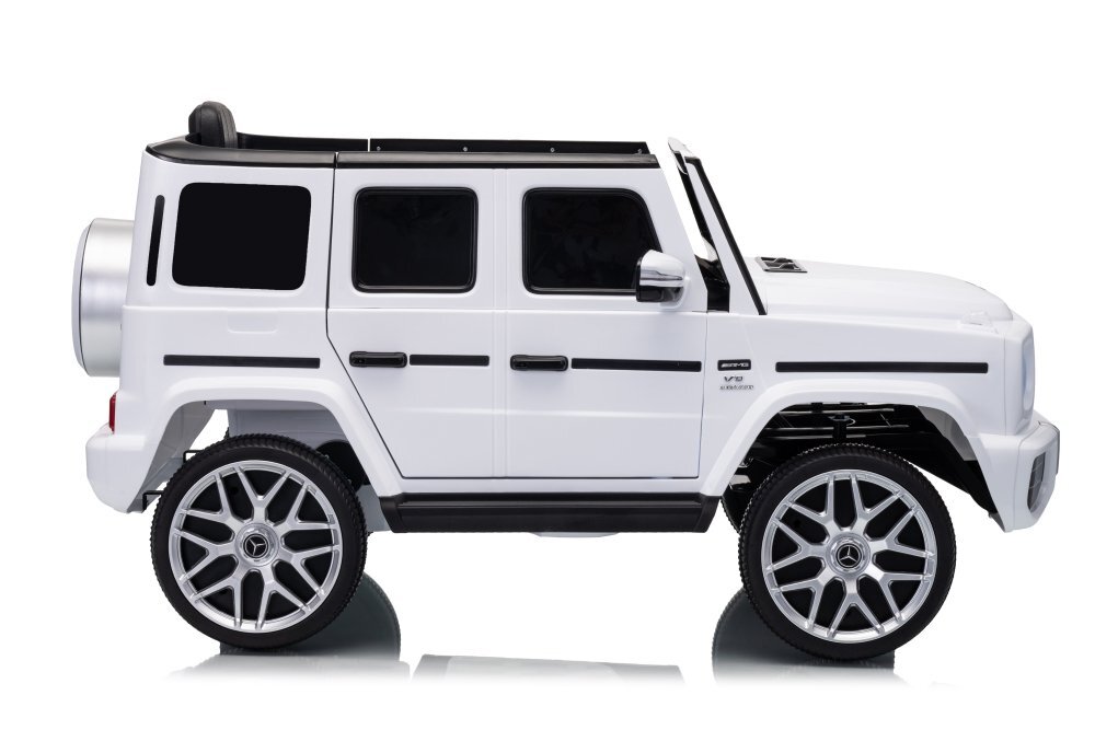 MERCEDES-BENZ Masinuta electrica pentru copii cu licenta G63 Alb telecomanda 2.4G scaun din piele lumini LED oglinzi retrovizoare muzica usi inalte cu deschidere suspensii centura de siguranta