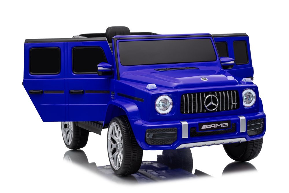 MERCEDES-BENZ Masinuta electrica pentru copii cu licenta G63 Albastru telecomanda 2.4G scaun din piele lumini LED oglinzi retrovizoare muzica usi inalte cu deschidere suspensii centura de siguranta