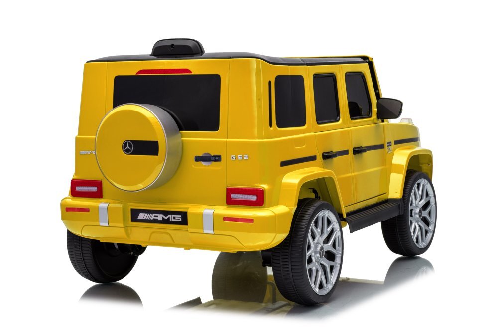 MERCEDES-BENZ Masinuta electrica pentru copii cu licenta G63 Galben telecomanda 2.4G scaun din piele lumini LED oglinzi retrovizoare muzica usi inalte cu deschidere suspensii centura de siguranta