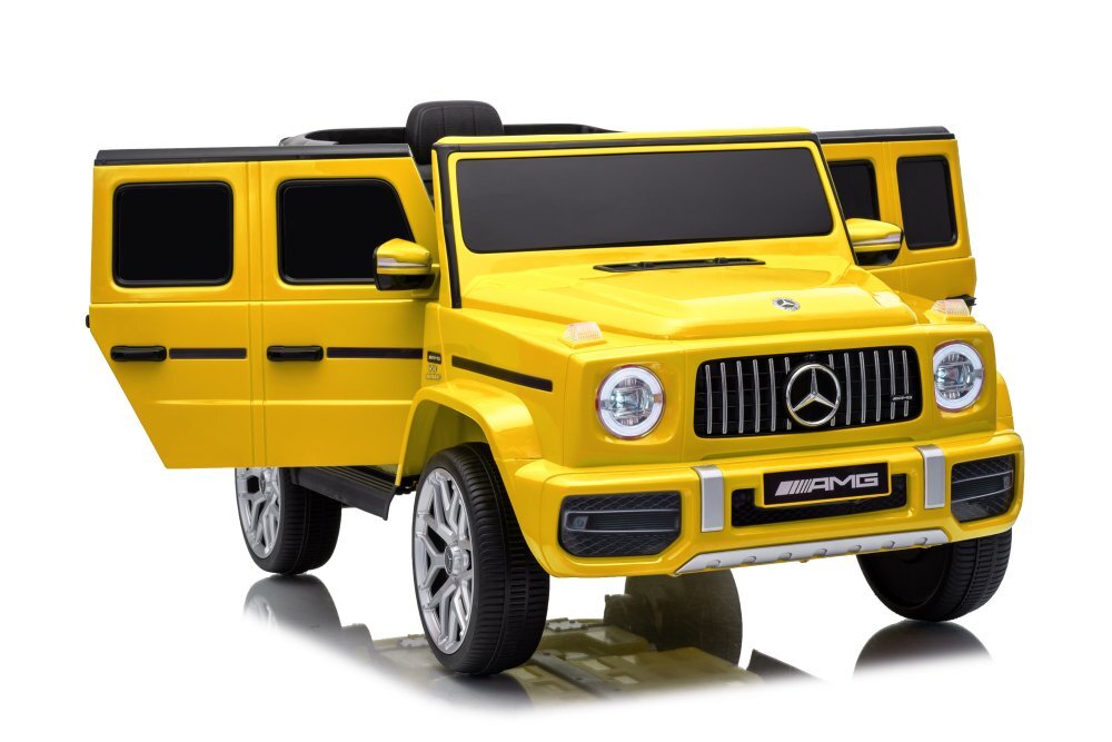 MERCEDES-BENZ Masinuta electrica pentru copii cu licenta G63 Galben telecomanda 2.4G scaun din piele lumini LED oglinzi retrovizoare muzica usi inalte cu deschidere suspensii centura de siguranta