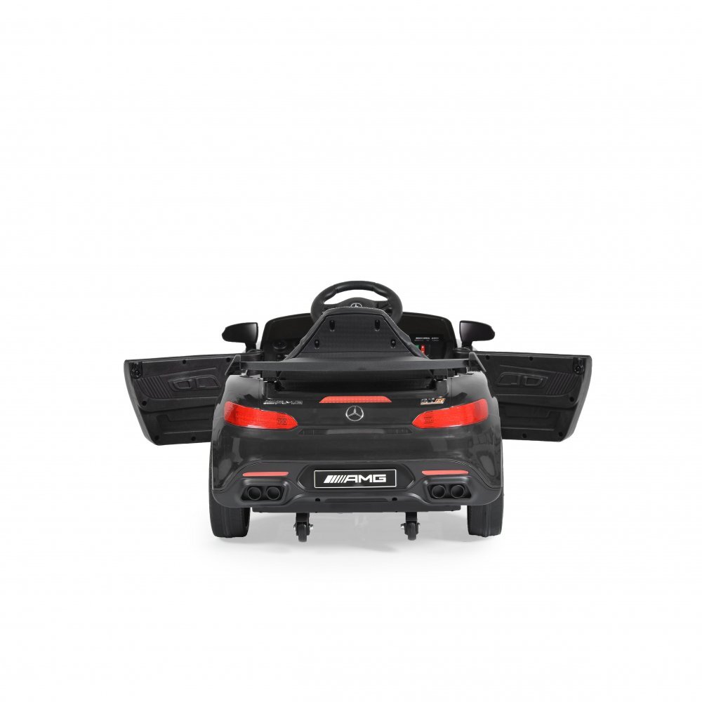MERCEDES-BENZ Masinuta electrica pentru copii cu Licenta Mercedes AMG GTR Blacktelecomandaroti EVA3 nivele vitezaacumulator 12V4Ahusi cu deschiderelumini LEDmufa MP3
