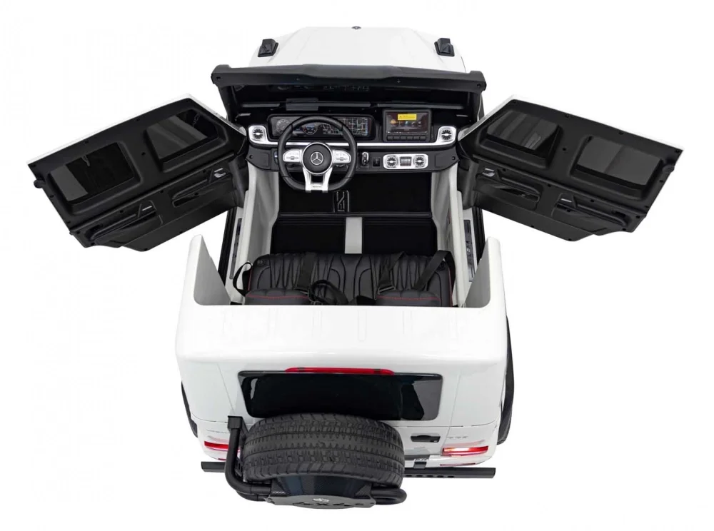 MERCEDES-BENZ Masinuta electrica pentru copii Mercedes G63 XXL White design realist 4 motoare x55W cu bluetooth port USB MP3 lumini LED fataspate centuri de siguranta cauciucuri EVA dimensiune 158 x 93 x 81 cm