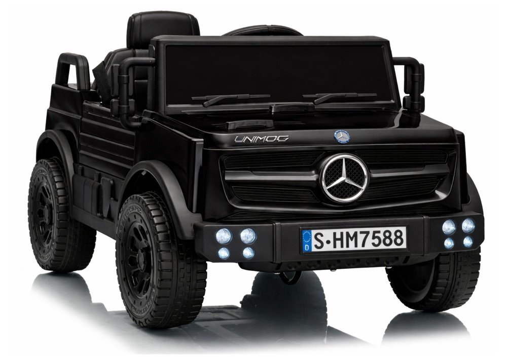 MERCEDES-BENZ Masinuta electrica pentru copii Mercedes Unimog HM7588 6V4Ah Black cu telecomanda 2.4G roti EVA 2 motoare 45W bluetooth port USB slot Micro SD MP3 si faruri LED 90 x 53 x 50 cm