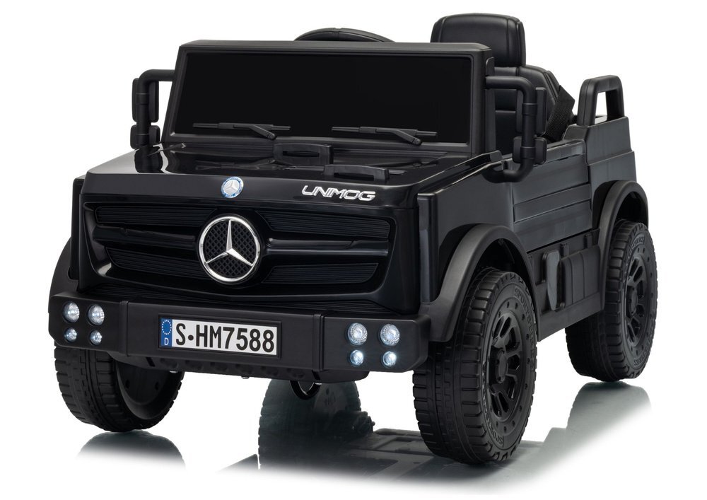 MERCEDES-BENZ Masinuta electrica pentru copii Mercedes Unimog HM7588 6V4Ah Black cu telecomanda 2.4G roti EVA 2 motoare 45W bluetooth port USB slot Micro SD MP3 si faruri LED 90 x 53 x 50 cm