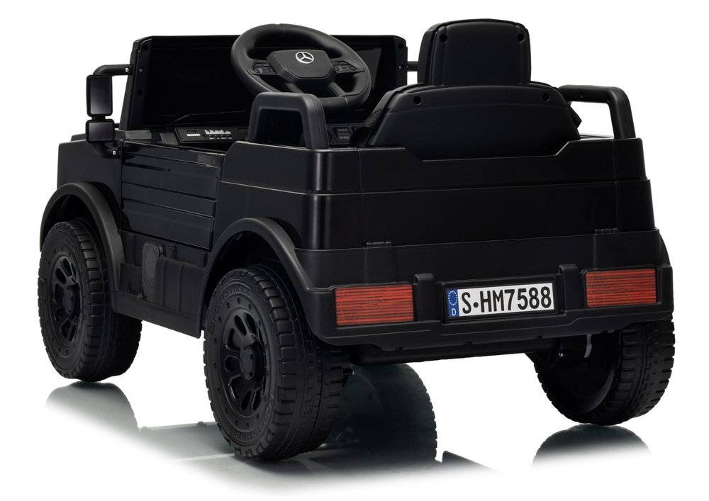 MERCEDES-BENZ Masinuta electrica pentru copii Mercedes Unimog HM7588 6V4Ah Black cu telecomanda 2.4G roti EVA 2 motoare 45W bluetooth port USB slot Micro SD MP3 si faruri LED 90 x 53 x 50 cm