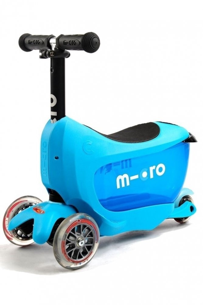 MICRO Trotineta Mini2go Deluxe Blue cu 3 roti scaunel spatiu depozitare ghidon telescopic roti din silicon greutate admisa 50 kg