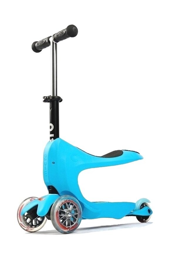 MICRO Trotineta Mini2go Deluxe Blue cu 3 roti scaunel spatiu depozitare ghidon telescopic roti din silicon greutate admisa 50 kg