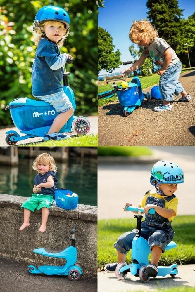 MICRO Trotineta Mini2go Deluxe Blue cu 3 roti scaunel spatiu depozitare ghidon telescopic roti din silicon greutate admisa 50 kg