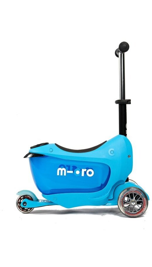 MICRO Trotineta Mini2go Deluxe Blue cu 3 roti scaunel spatiu depozitare ghidon telescopic roti din silicon greutate admisa 50 kg