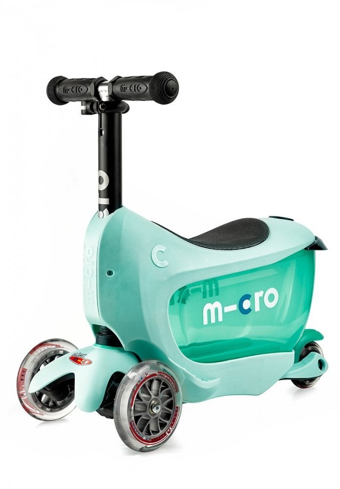MICRO Trotineta Mini2go Deluxe Mint cu 3 roti scaunel spatiu depozitare ghidon telescopic roti din silicon greutate admisa 50 kg