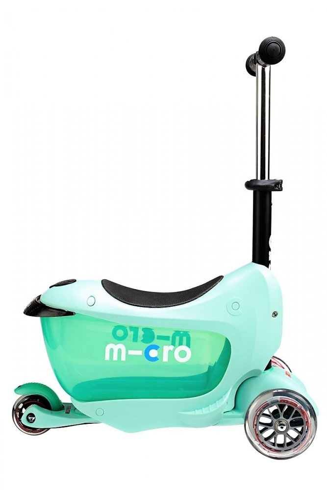 MICRO Trotineta Mini2go Deluxe Mint cu 3 roti scaunel spatiu depozitare ghidon telescopic roti din silicon greutate admisa 50 kg
