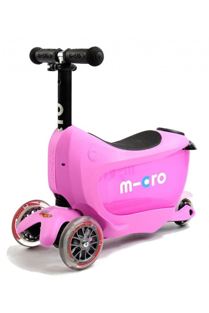 MICRO Trotineta Mini2go Deluxe Pink cu 3 roti scaunel spatiu depozitare ghidon telescopic roti din silicon greutate admisa 50 kg