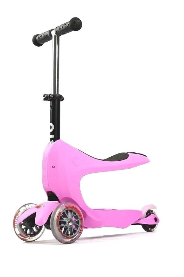 MICRO Trotineta Mini2go Deluxe Pink cu 3 roti scaunel spatiu depozitare ghidon telescopic roti din silicon greutate admisa 50 kg