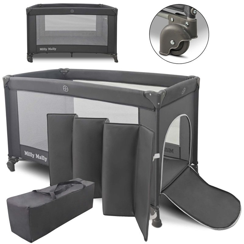 Milly Mally Patut pliabil de calatorie Mirage Dark Grey nivel reglabil roti si geanta transport