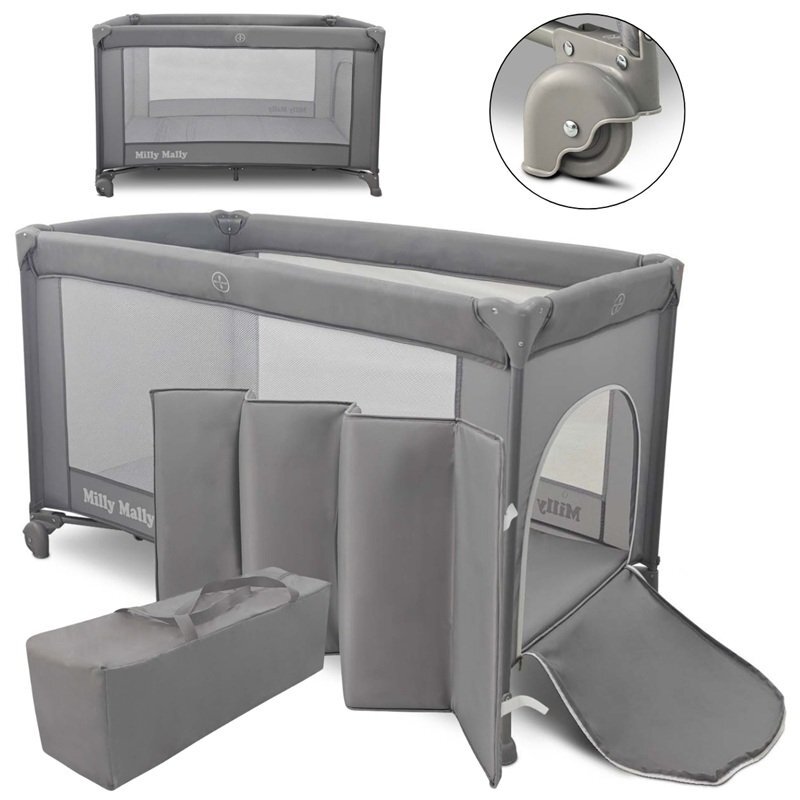 Milly Mally Patut pliabil de calatorie Mirage Grey nivel reglabil roti si geanta transport