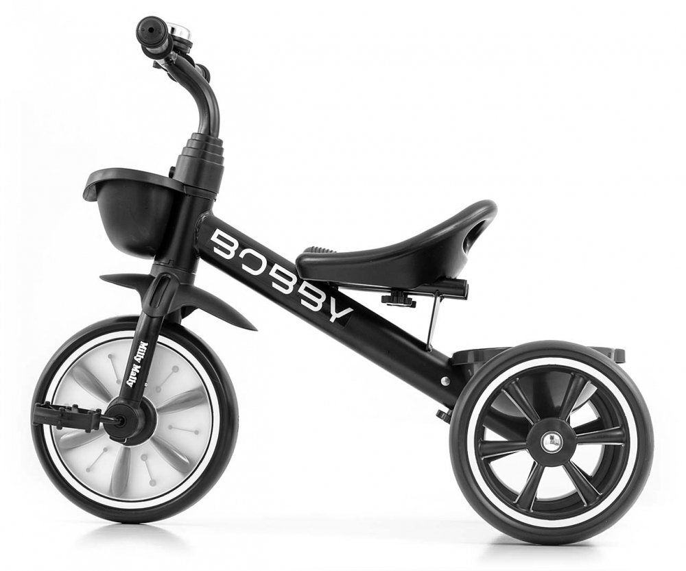 Milly Mally Tricicleta pentru copii Bobby Black cu cadru robust din otel roti Eva +24 luni