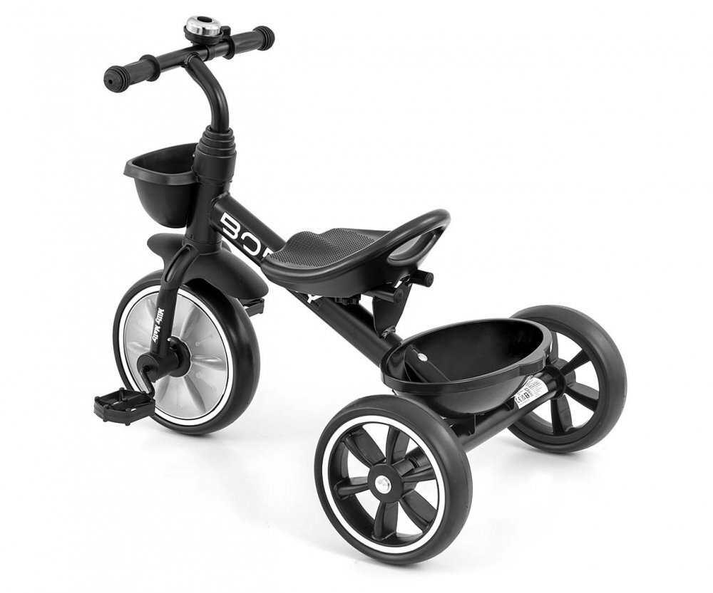 Milly Mally Tricicleta pentru copii Bobby Black cu cadru robust din otel roti Eva +24 luni