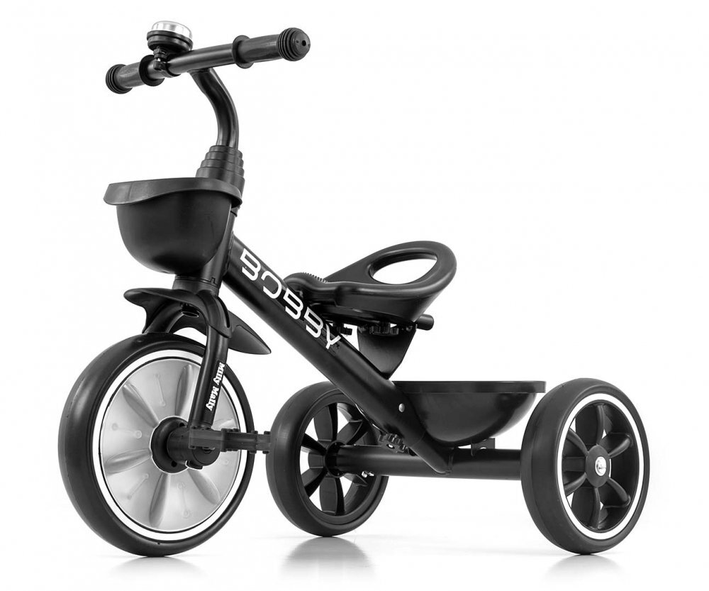 Milly Mally Tricicleta pentru copii Bobby Black cu cadru robust din otel roti Eva +24 luni