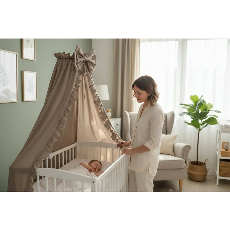 MimiNu Baldachin pentru patut cu funda si volanas 210x145 cm Colectia Royal Mocha