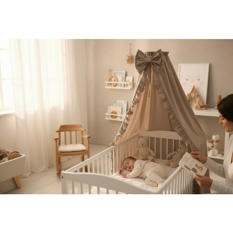 MimiNu Baldachin pentru patut cu funda si volanas 210x145 cm Colectia Royal Mocha