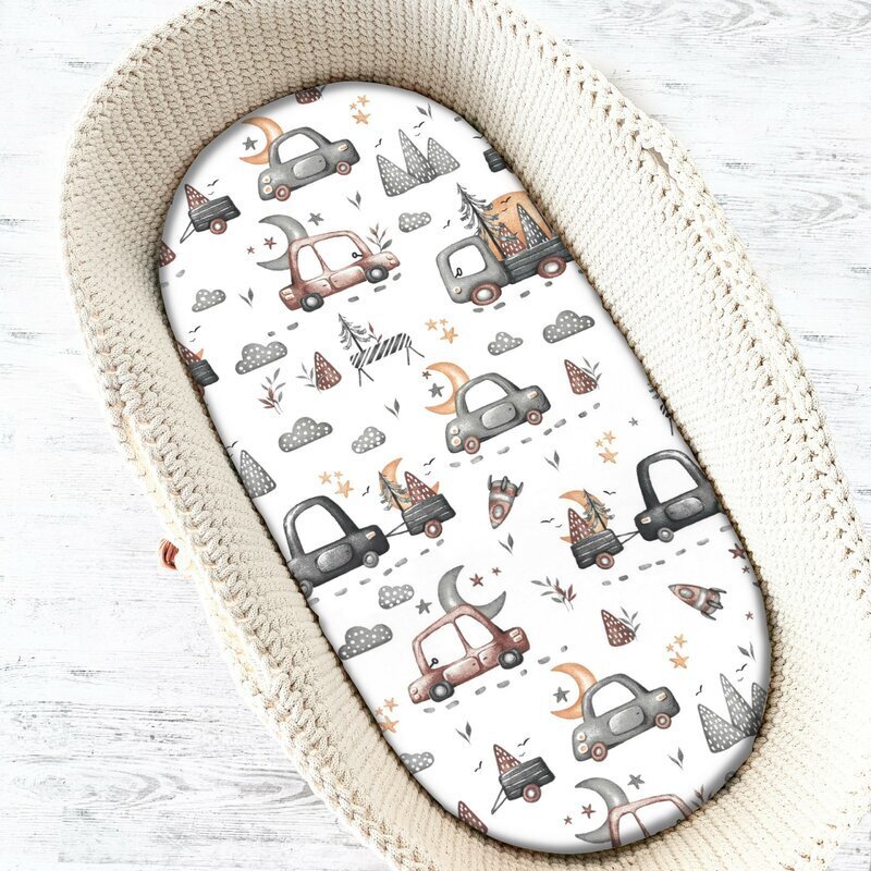 MimiNu Cearceaf cu elastic pentru landou carucior si cosulet 80x35 cm din bumbac design Cars Grey