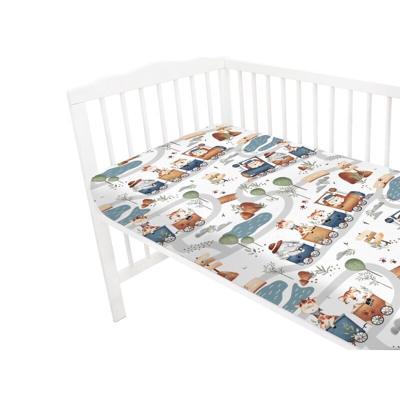 MimiNu Cearceaf cu elastic pentru patut 120X60 cm din bumbac Design Zoo in train