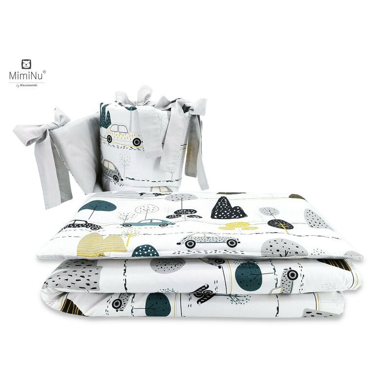 MimiNu Lenjerie patut 3 piese cu protectie laterala Childrens Journey Grey din bumbac pentru patut 120x60 cm