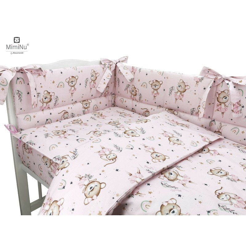 MimiNu Lenjerie patut 3 piese cu protectie laterala din bumbac 120x60 cm Design Little Ballerina Pink
