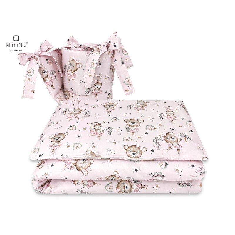 MimiNu Lenjerie patut 3 piese cu protectie laterala din bumbac 120x60 cm Design Little Ballerina Pink