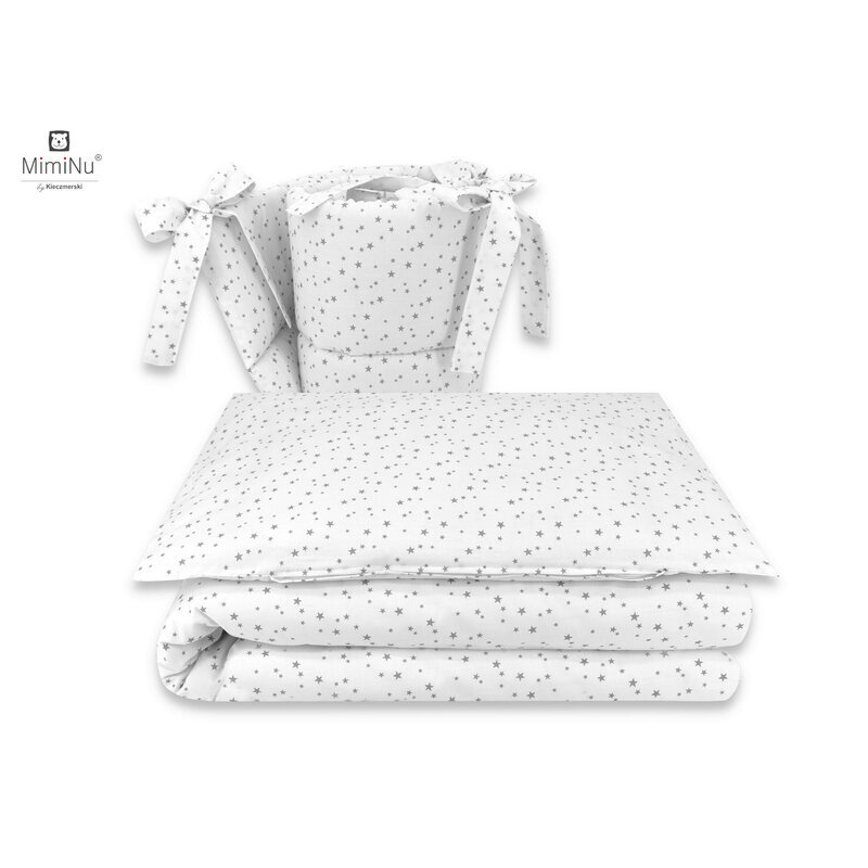 MimiNu Lenjerie patut 3 piese cu protectie laterala Mini Gray Stars din bumbac pentru patut 120x60 cm