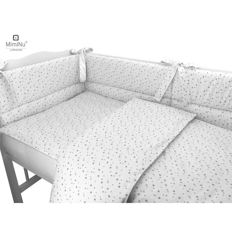 MimiNu Lenjerie patut 3 piese cu protectie laterala Mini Gray Stars din bumbac pentru patut 120x60 cm
