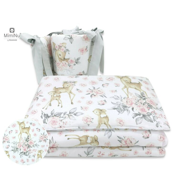 MimiNu Lenjerie patut 4 piese bumbac cu doua protectii laterale pentru patut 120x60 cm Sweet Deer Pink