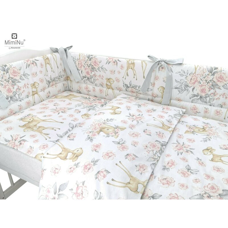 MimiNu Lenjerie patut 4 piese bumbac cu doua protectii laterale pentru patut 120x60 cm Sweet Deer Pink