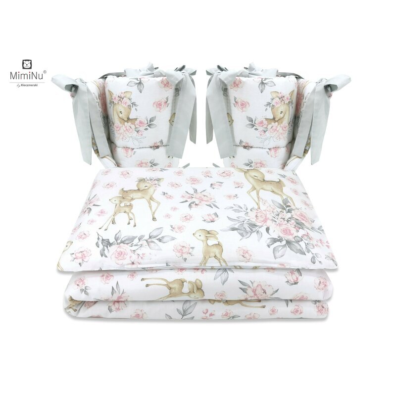 MimiNu Lenjerie patut 4 piese bumbac cu doua protectii laterale pentru patut 120x60 cm Sweet Deer Pink
